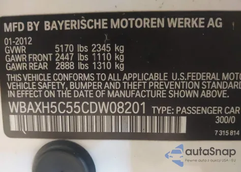 2012 BMW 528I xDrive z USA, uszkodzony, nr VIN WBAXH5C55CDW08201